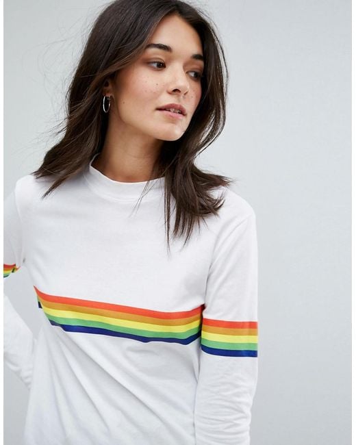 White sweatshirt with rainbow stripe sale