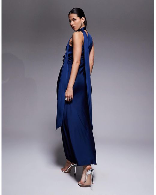 Aria Cove Blue Satin Ruched Side Scarf Detail Maxi Dress