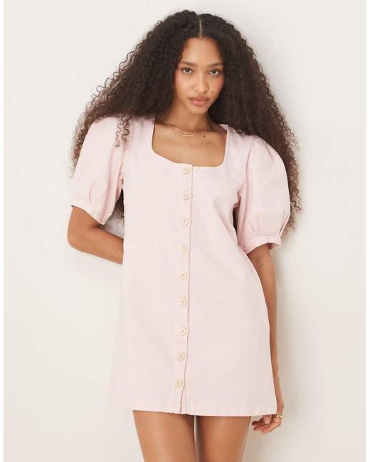 ASOS Pink Denim Button Through Mini Dress With Puff Sleeves
