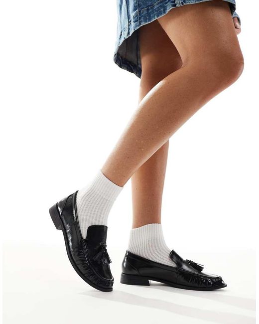 London Rebel Black Sadie Ruched Detailing Tassel Loafers