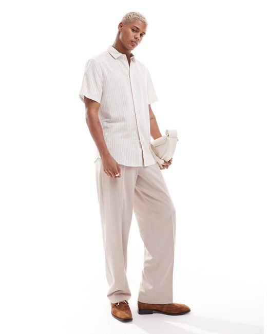 ASOS White Smart Linen Mix Stripe Shirt With Cutaway Collar for men