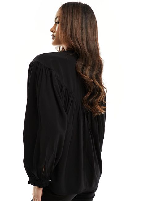 & Other Stories Black Volume Sleeve Smocked Blouse With Frill Neck