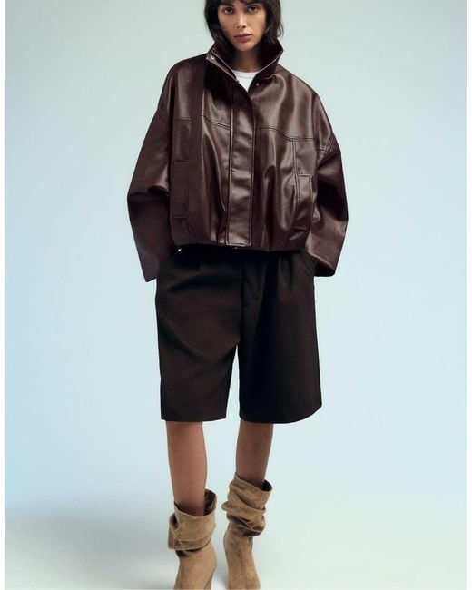 Pull&Bear Black Leather Effect Balloon Jacket