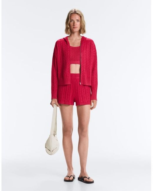 Oysho Red Washed Cable Knit Hooded Jacket