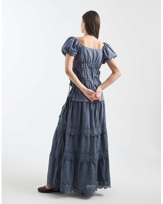 Daisy Street Blue Broderie Shirred Maxi Dress With Puff Sleeves