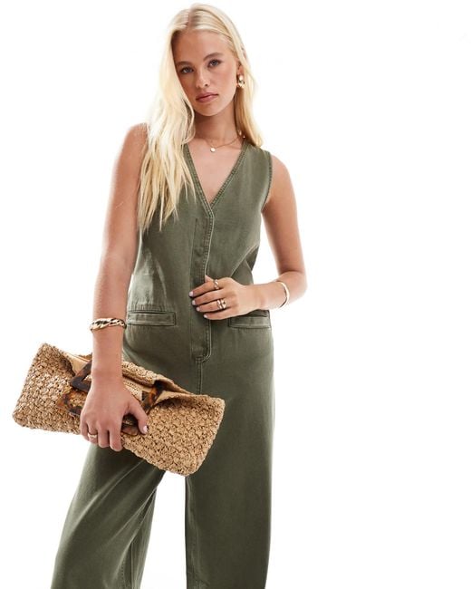 ASOS Green Denim Sleeveless Loose Jumpsuit