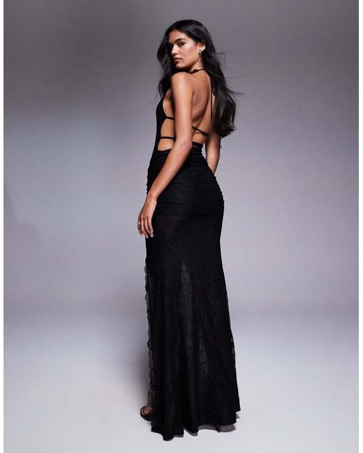 Murci Black Exclusive Lace Halterneck Deep Plunge Front Split Maxi Dress
