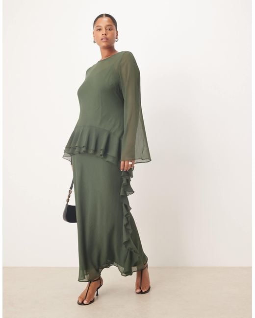 ASOS Asos Design Curve Long Sleeve Frill Hem Chiffon Maxi Dress in Green |  Lyst
