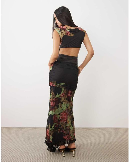 ASOS Natural Co-Ord Printed Mesh Asymmetric Midi Skirt