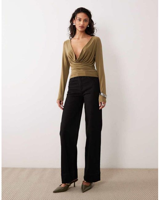 Motel Natural Adaya Long Sleeve Cowl Neck Cupro Top