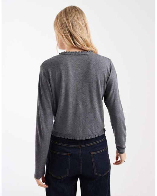 Mango Gray Teen V Neck Knitted Cardigan With Frill Trim
