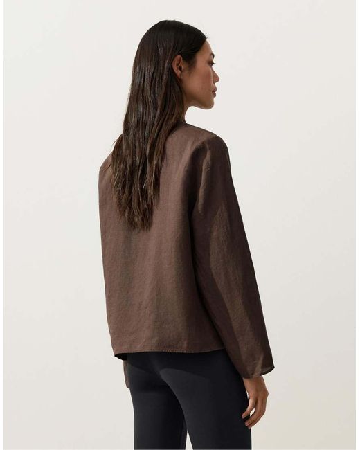Oysho Brown 100% Linen Stand-Up Collar Jacket With Buttons