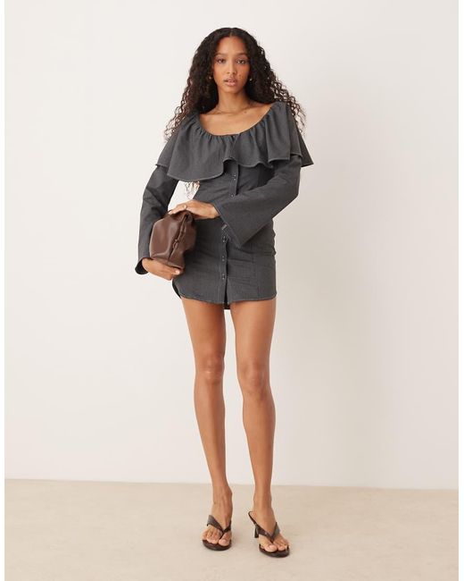 ASOS Gray Poplin Button Down Mini Dress With Ruffle Neckline