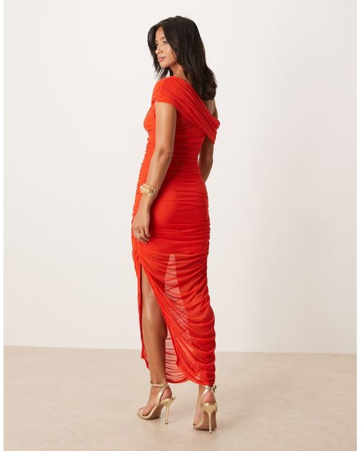 Forever New Red Mesh Ruched Asymmetrical Midaxi Dress