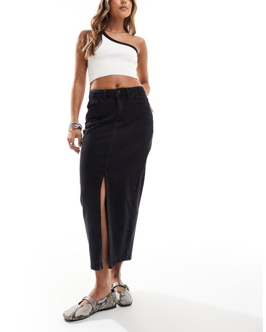 Vila Black High Waisted Denim Front Split Midi Skirt