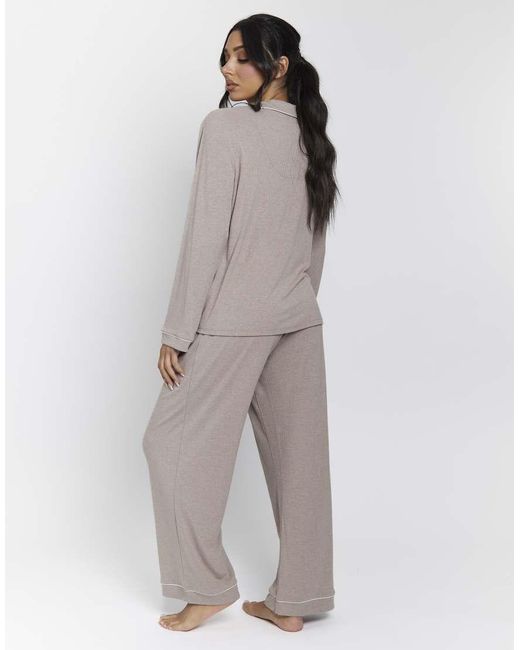 Loungeable Gray Rib Long Sleeve Traditional Shirt And Long Pant