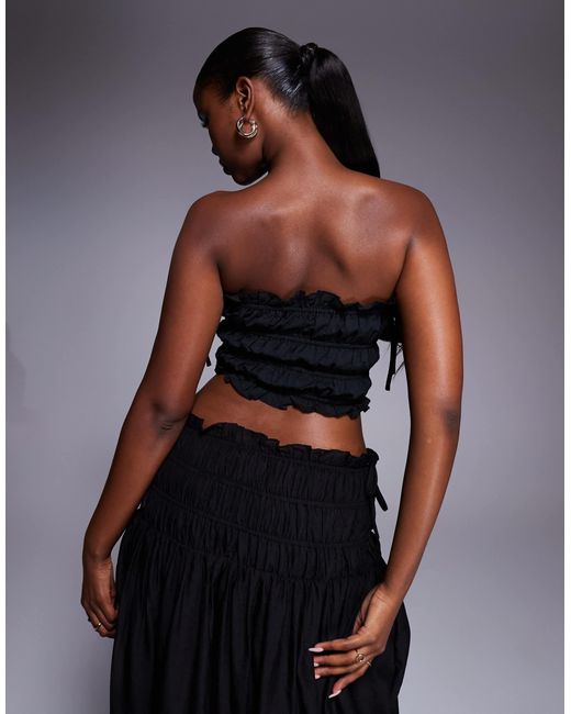 Wanderdoll Blue Soulie Linen Look Ruffle Trim Tie Detail Shirred Bandeau Top Co-ord