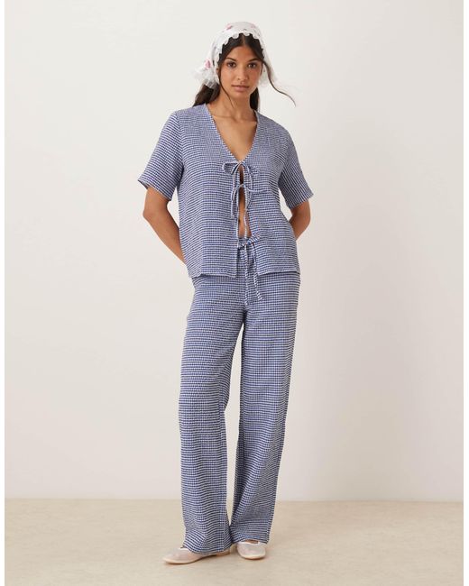 Jdy Blue – hose aus seersucker mit weitem bein und em vichy-karomuster, kombiteil