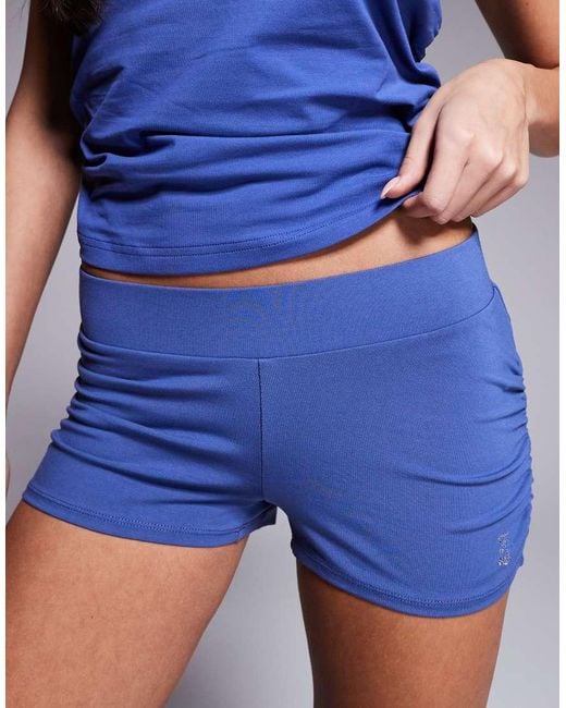 Juicy Couture Blue Co-Ord Diamante Logo Bootie Micro Shorts