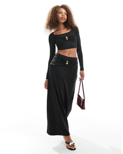 4th & Reckless Black Scoop Neck Gathered Gold Hardware Detail Long Sleeve Crop Top Co-ord