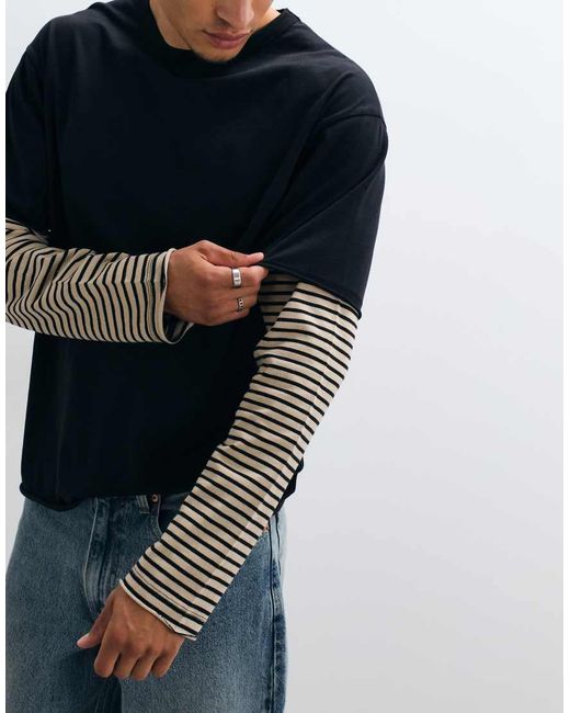 ASOS Blue Heavyweight Relaxed T-shirt With Striped Double Sleeves for men