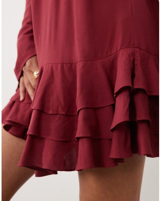 ASOS Red Slash Neck Mini Dress With Ruffle Skirt