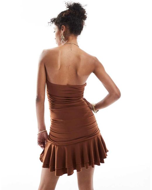 Bershka Brown Frill Detail Bandeau Mini Dress