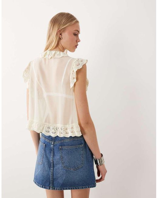 Miss Selfridge Blue Chiffon Tie Front Lace Trim Blouse