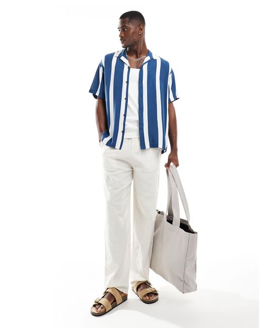 Camicia blu a righe verticali con colletto con rever di Jack & Jones in White da Uomo