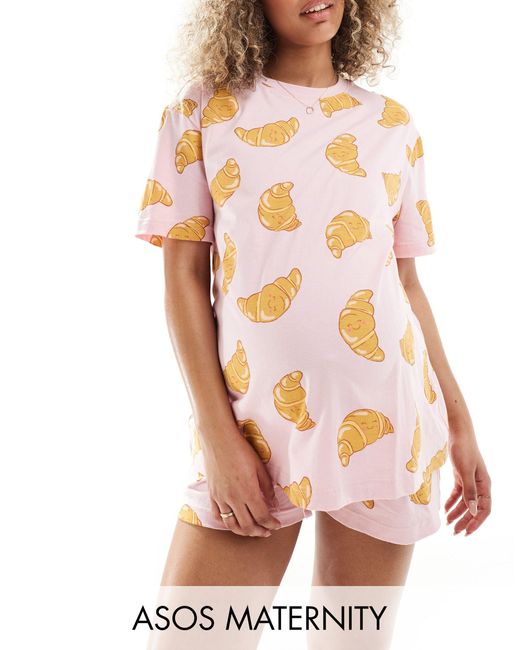 ASOS Pink Maternity Croissant Oversized Tee & Short Pyjama Set