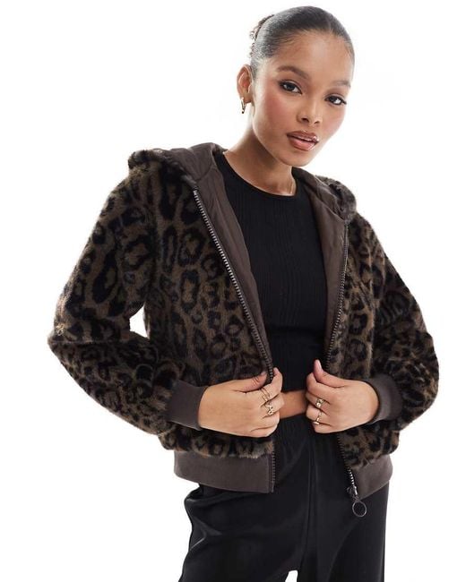 Stradivarius Black Str Faux Fur Zip Up Hooded Bomber Jacket