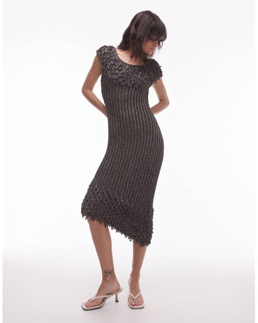 & Other Stories Gray Knitted Midi Dress With Fringed Neckline And Hem