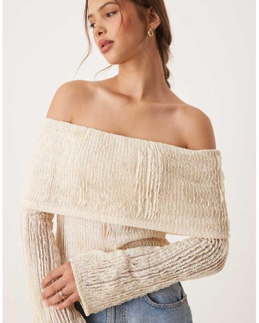 ASOS Natural Crochet Semi Sheer Bardot Top With Asymmetric Hem