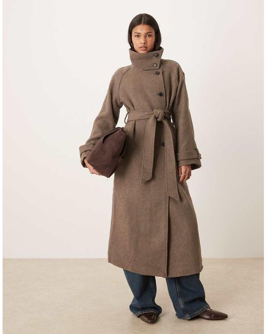 Gina Tricot Natural Wool Belted Midaxi Coat With Funnel Neck Detail