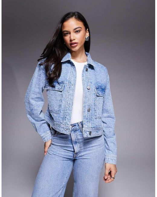 GOOD AMERICAN Blue Distressed Rhinestone Denim Jacket