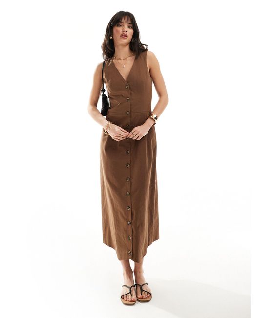 ASOS Brown Midi Button Through Linen Waistcoat Dress
