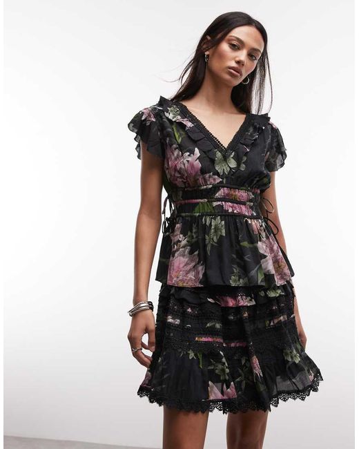 AllSaints Natural Zora Ruffle Lace Floral Mini Skirt
