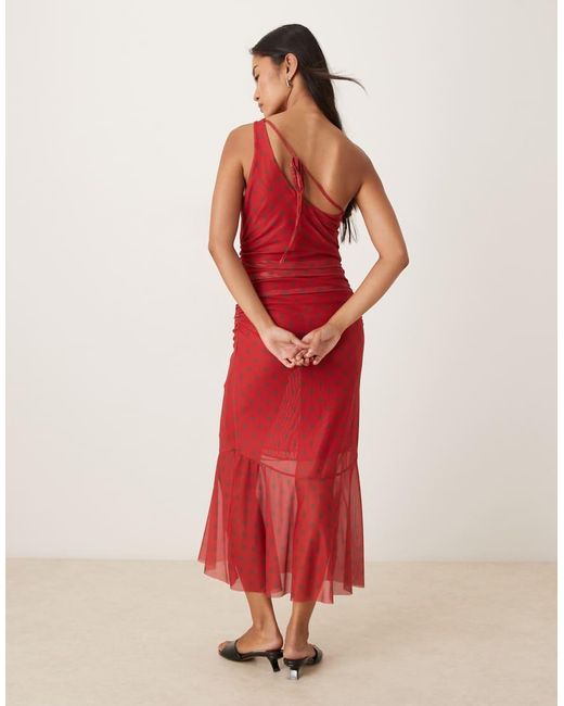 House Of Sunny Red Assymetric Ruffle Polka Dot Midi Dress