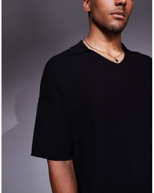 ADPT Blue Oversized Knitted Split Neck Polo for men