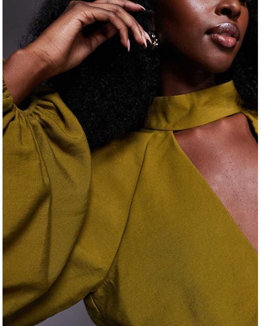 ASOS Green High Neck Plunge Mini Dress With Blouson Sleeves
