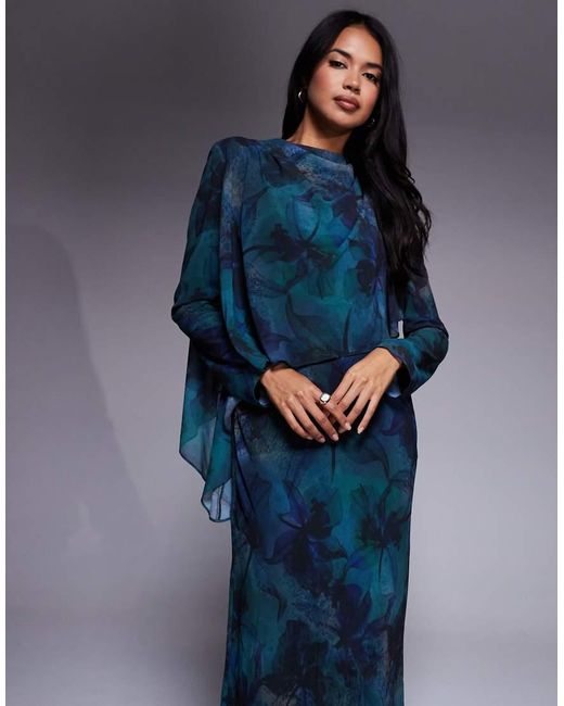 DASKA Blue Ruffle Cape Maxi Dress