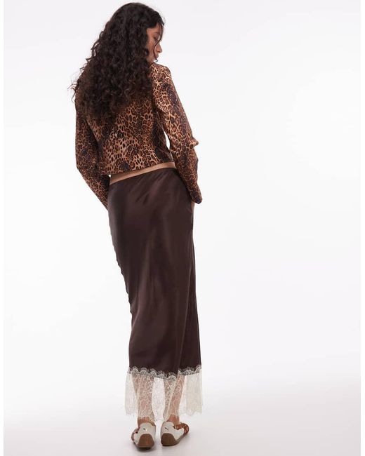 ASOS Brown Satin Lace Trim Bias Midi Skirt