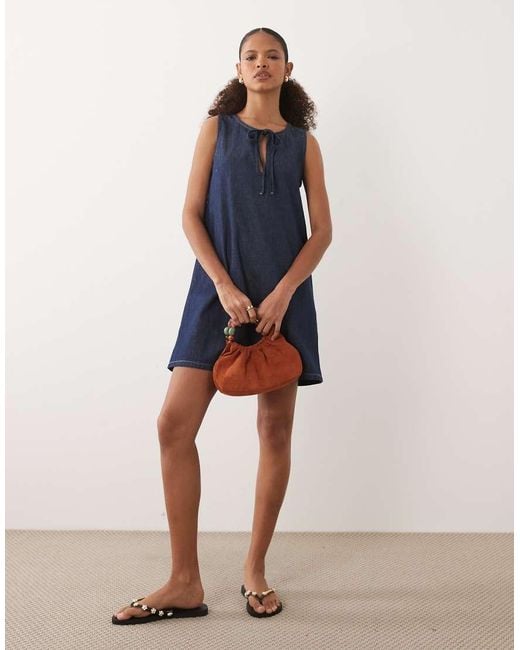 ASOS Blue Denim Keyhole Mini Shift Dress With Bow Detail