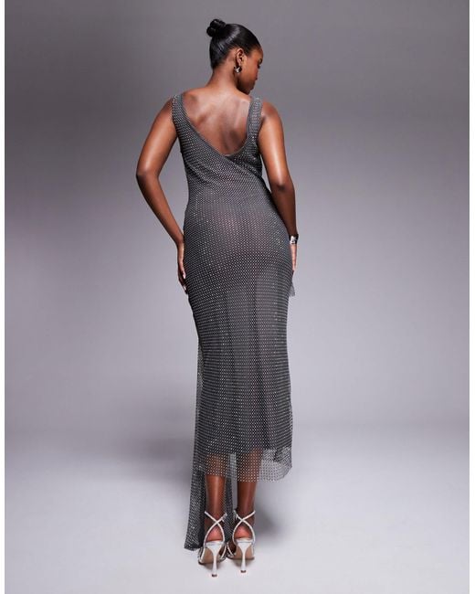 ASOS Gray Scoop Neck Fishnet Hotfix Embellished Midi Dress With Sash Detail Skirt