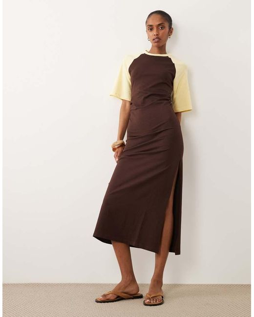 ASOS Natural Short Contrast Sleeve Gathered Waist Maxi Dress