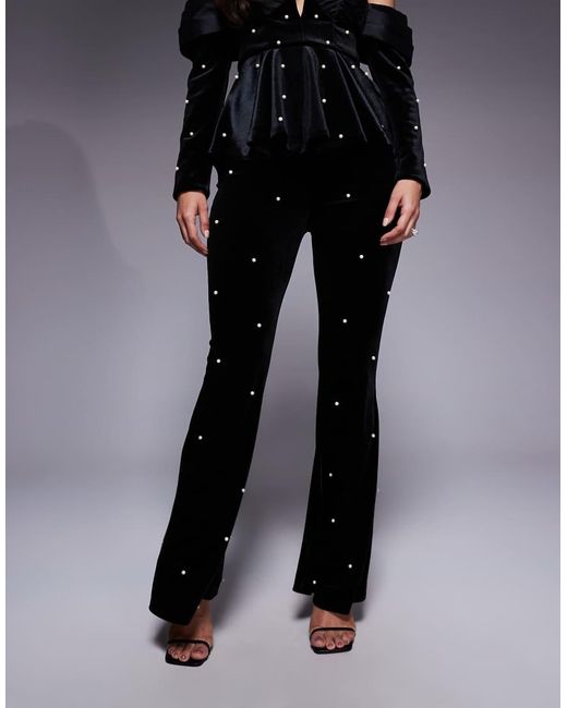 ASOS Blue Velvet Pants With Pearl Embellishment