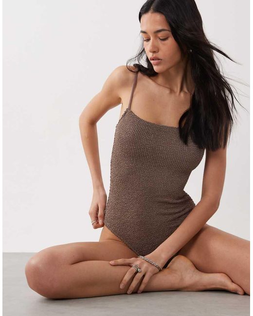 Mango Brown Crinkle Textured Tie Back Swimsuite