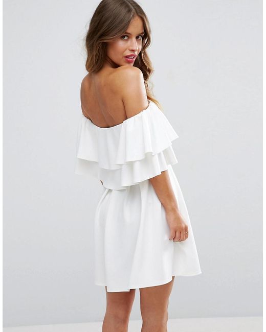 Ruffle Off Shoulder Mini Dress in White 