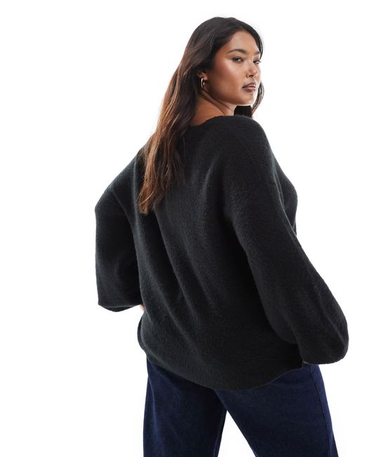 Threadbare Black Plus Fluffy V-neck Slouchy Sweater