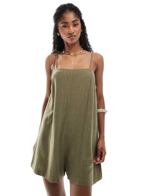 Miss Selfridge Green Linen Blend Tie Shoulder Playsuit